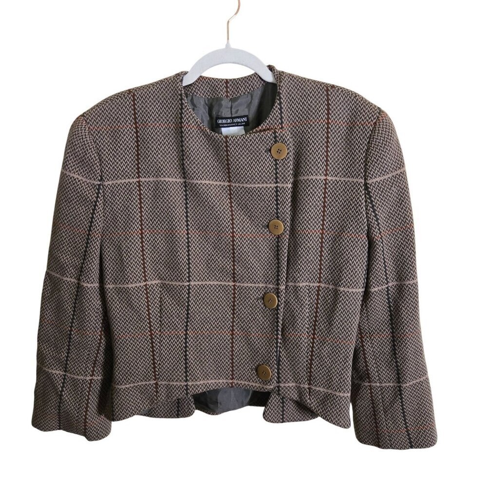 Giorgio Armani Via Borgonuovo 21 Milano Wool Blend Brown Plaid Blazer Size 46